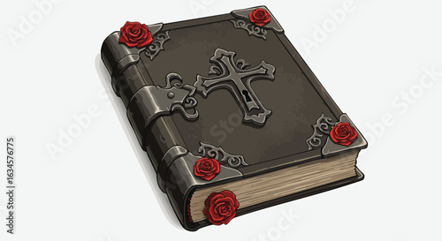 Vintage Gothic Vector Book Illustration with Cross and Roses in Dark Style