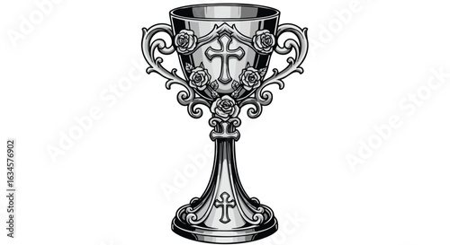Vector Religious Chalice Illustration with Ornamental Cross and Floral Elements in Vintage Style