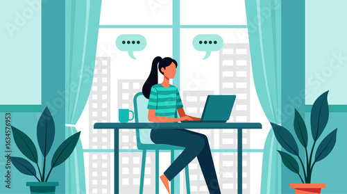 Modern home office workspace illustration with freelancer productivity, and digital communication