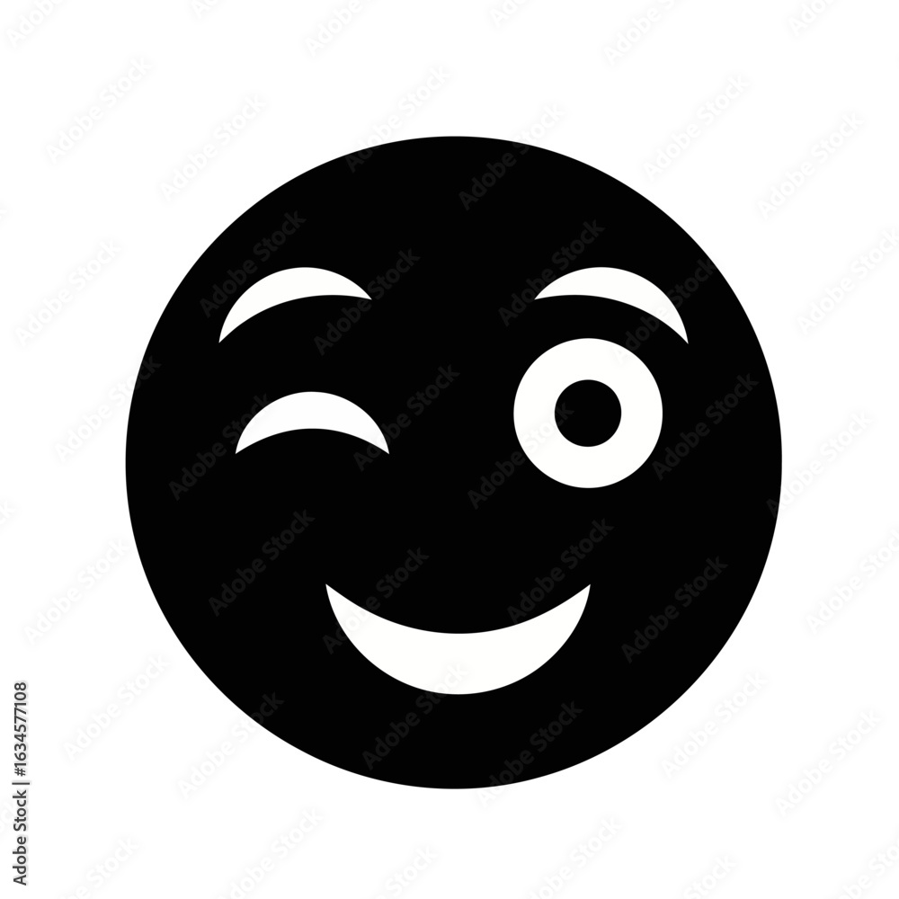 Fototapeta premium Vector art of black and white graphic icon of a winking smiley face with a smile, isolated on white background
