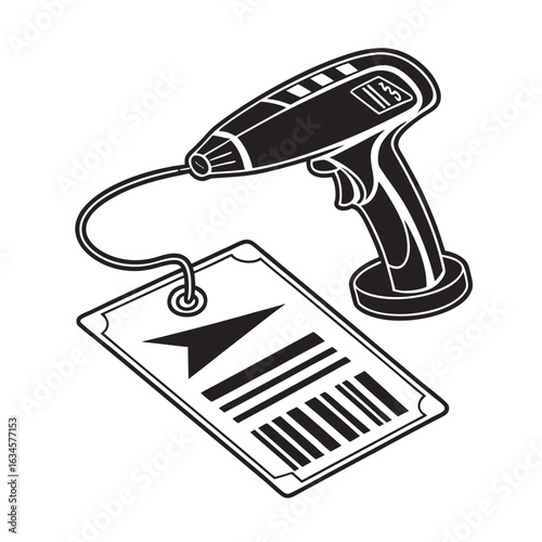 Silhouette of a barcode scanner with a product tag. Vector line art icon for commerce and inventory management