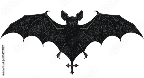Vector Illustration of Bat with Floral Wing Pattern in Gothic Style with Black Color
