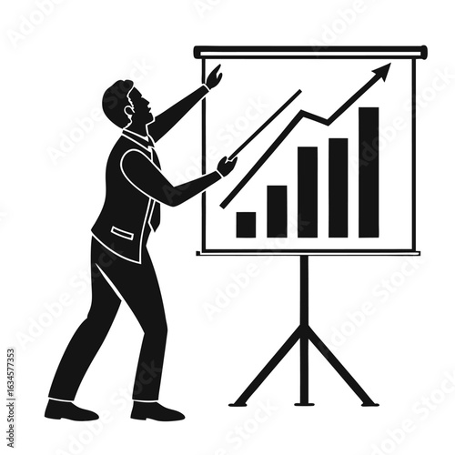 Silhouette of a business person presenting a growth chart on a board, illustrating financial success and strategy.
