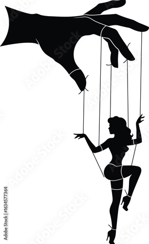 Marionette silhouette, female puppet, controlling hand, manipulation concept, power dynamics, psychological theme, vector art, black graphic, metaphorical design