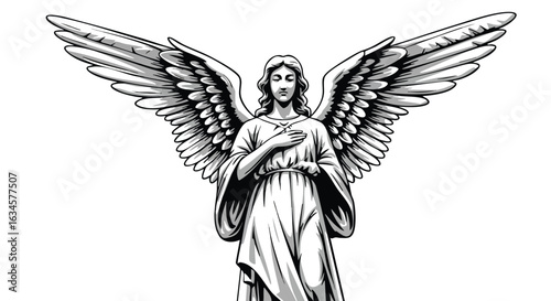 Vector Illustration of Angel Statue with Outstretched Wings in Classic Religious Style