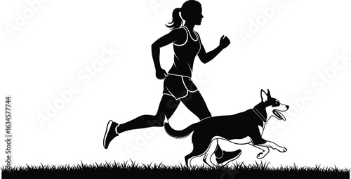 Running silhouette, person with dog, outdoor fitness, leash walk, active lifestyle, pet exercise, vector art, black graphic, nature scene