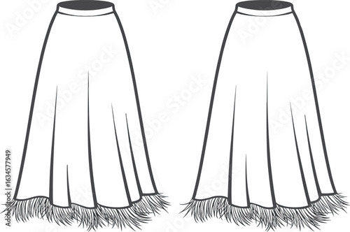 Flared skirt fashion flat sketch with feather hem, front and back view, women’s clothing template, technical garment design illustration