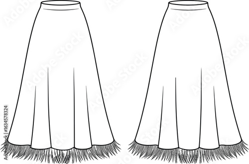 Flared skirt fashion flat sketch with feather hem, front and back view, women’s clothing template, technical garment design illustration