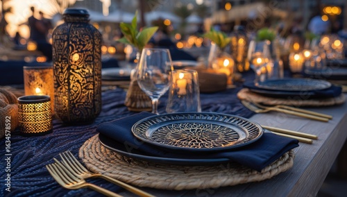 Coastal dining scene at sunset, with dark blue, gold, and woven elements