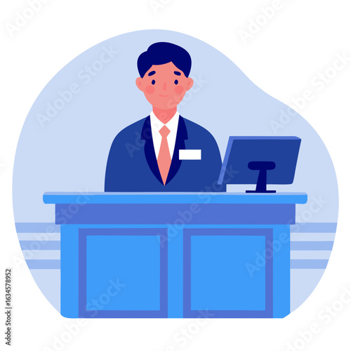 Professional man standing at counter with computer in blue environment  