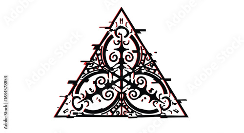 Decorative Vector Pattern with Ornamental Scrollwork within Triangle Shape in Vintage Style Black and Red Colors