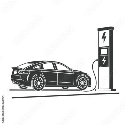 Silhouette of a modern electric car refueling at a charging station. Vector icon for EV technology and sustainable transport.