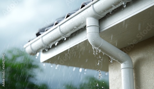 Rainwater dripping from a white PVC gutter system onto a beige house