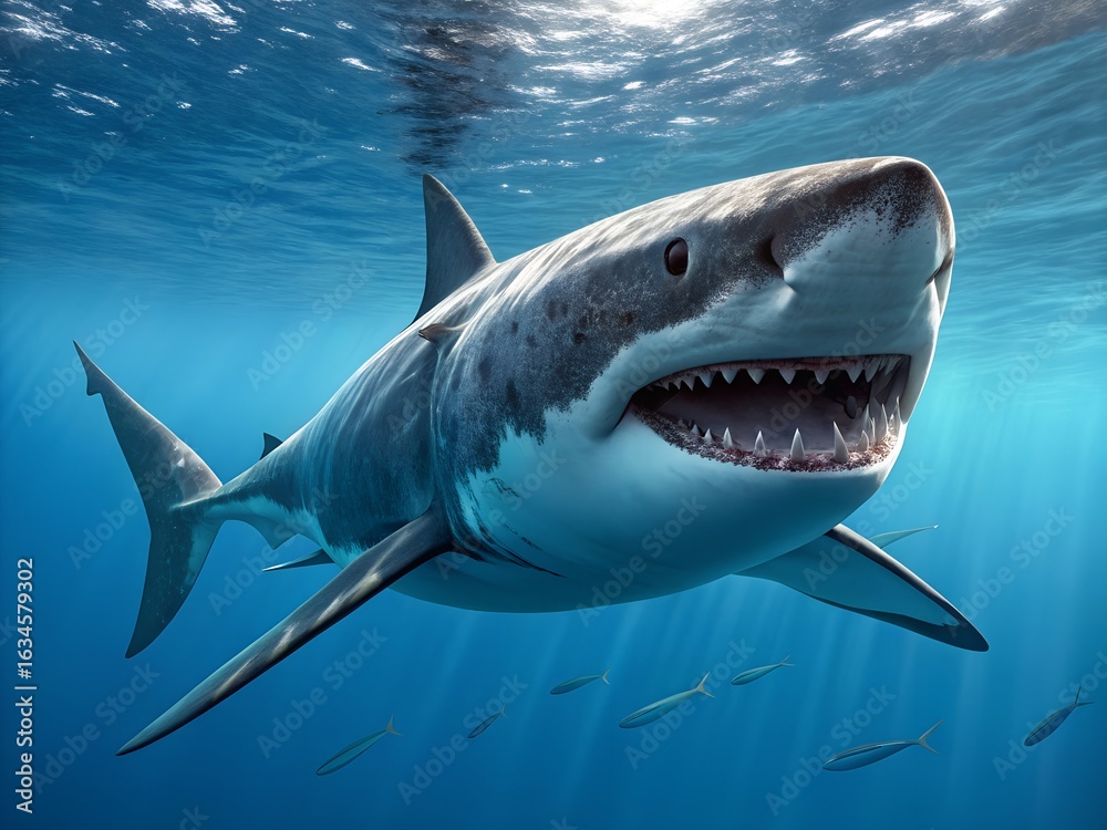 Naklejka premium Majestic great white shark swims powerfully through clear blue ocean water