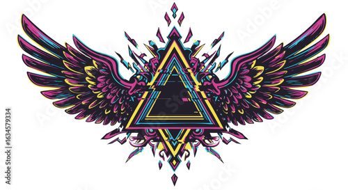 Modern Vector Illustration of Winged Geometric Triangle with Neon Colors in Psychedelic Style