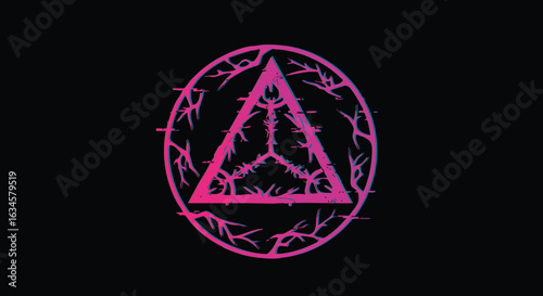 Vector Symbolic Design with Geometric Triangular Element and Organic Branching Pattern in Neon Pink and Blue in Modern Style