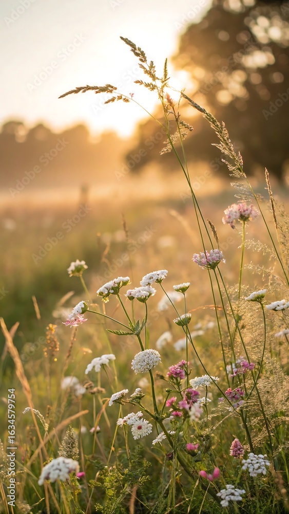 Fototapeta premium Golden Hour Sunrise Illuminates Wildflowers and Dewy Meadow Grass