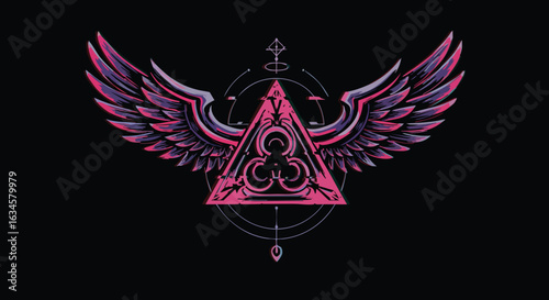 Vector Illustration of Mystical Winged Symbol with Geometric Elements in Futuristic Style in Pink and Purple Colors