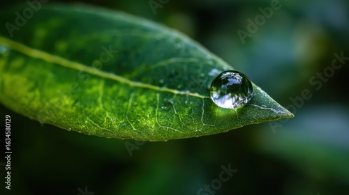 Close-up of a Green Leaf with a Water Droplet Reflecting Nature