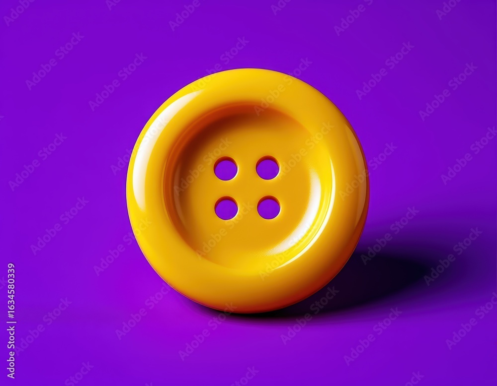 Fototapeta premium A single yellow button on deep purple background, no shadow.