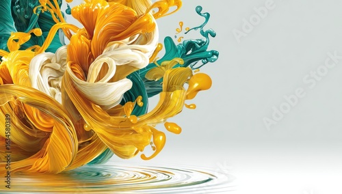 Abstract splash of vibrant orange, teal, and cream paint, swirling and flowing in a dynamic pattern on a light gray backdrop, impacting a reflective surface