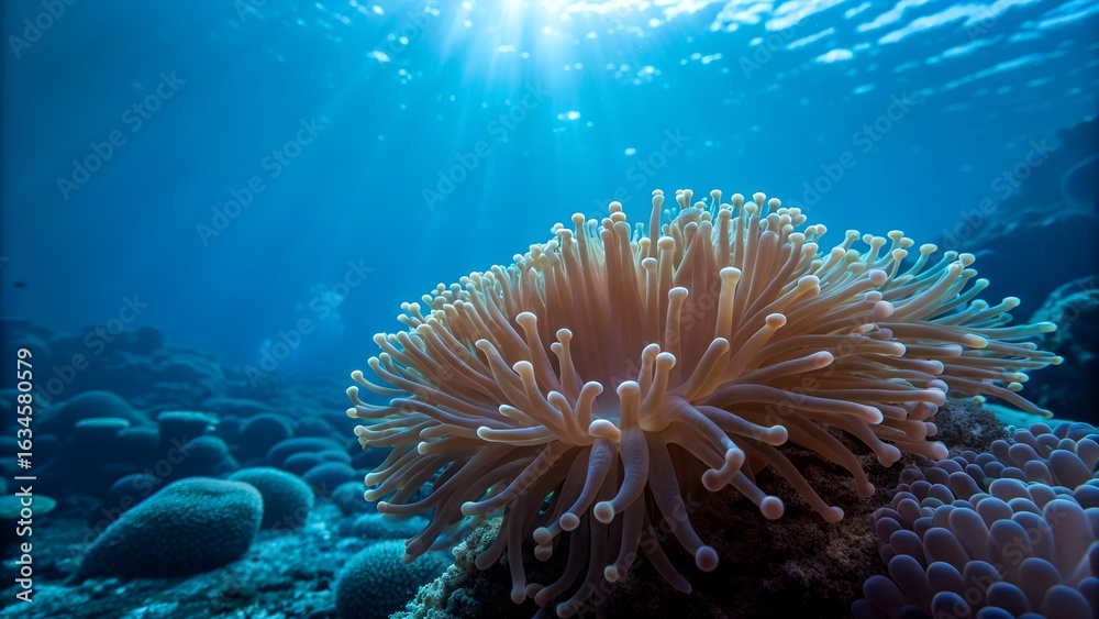 Fototapeta premium Vibrant underwater coral reef teeming with life and sunlight filtering through the ocean