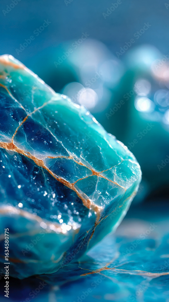 Obraz premium Macro view of a radiant turquoise-blue gemstone with golden mineral veins and sparkling highlights