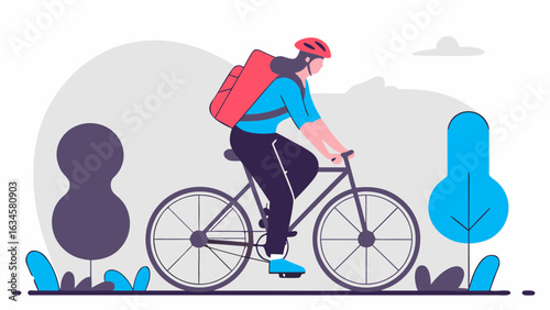 A woman with a backpack rides a bicycle through a stylized landscape with trees and a cloudy sky.