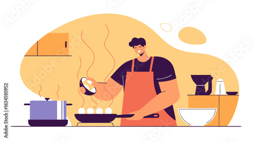 Man in apron cooking eggs in a pan on the stove, with a pot nearby and kitchen appliances in the background.