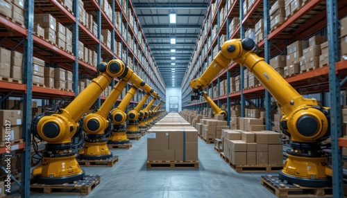 Automated robotic arms working in a modern warehouse to process packages
