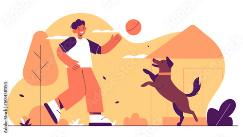A stylized illustration of a man tossing a ball to a dog that is jumping to catch it, with a background of trees and a house.