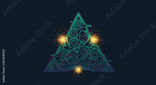 Vector Abstract Geometric Triangle Pattern with Swirling Spirals and Spark Effects in Modern Style
