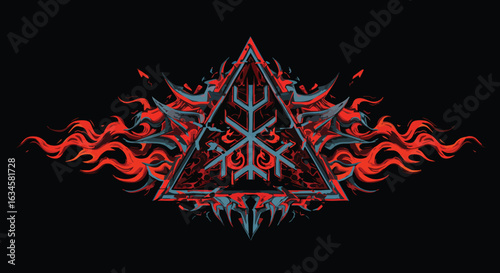 Dark Fantasy Vector Illustration with Triangular Symbol and Fiery Flames in Gothic Style