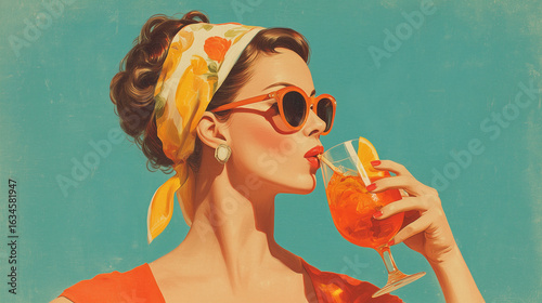 Bold mid century MCM commercial style image of a woman enjoying Aprerol spritz, copy space,  wide horizontal landscape format with copy space 16:9