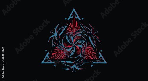 Minimalist Vector Illustration of a Geometric Triangle with Abstract Swirling Patterns in Red and Blue Style