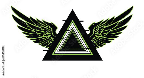 Vector Illustration of Winged Triangle Symbol with Geometric Design in Modern Black and Green Colors