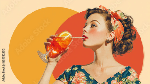 Bold mid century MCM commercial style image of a woman enjoying Aprerol spritz, copy space,  wide horizontal landscape format with copy space 16:9