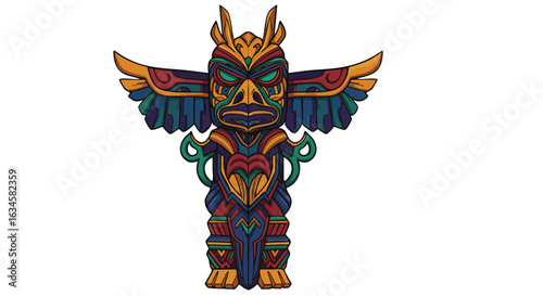 Vector Illustration of a Traditional Indigenous Style Mask with Geometric Elements and Vibrant Colors in a Modern Artistic Style