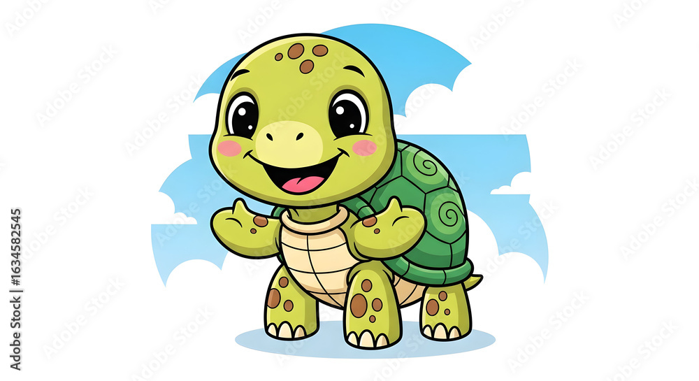 Obraz premium Happy Green Turtle Cartoon Smiling on White Background