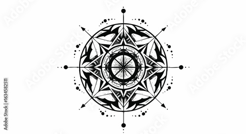 Vector Mandala Pattern with Geometric Symmetry and Abstract Circular Design in Black White Style