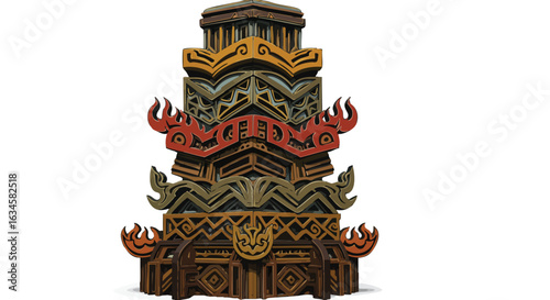 Vector Illustration of Traditional Asian Pagoda with Ornamental Architectural Details in Rich Earth Tones and Decorative Style