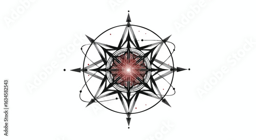 Modern Vector Compass Rose Pattern with Geometric Elements in Black and Red Colors