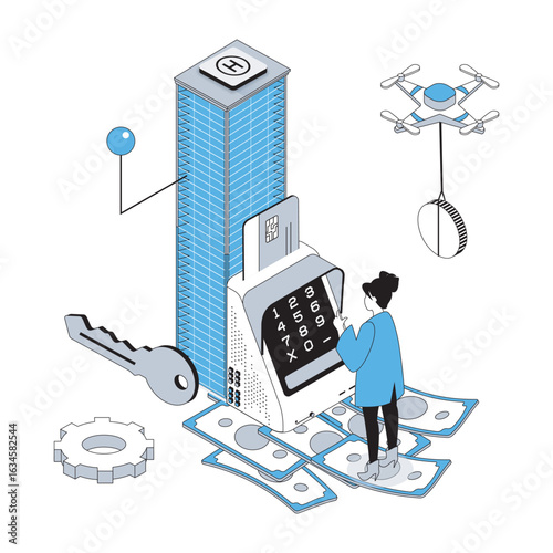 Real estate 3d isometric concept with isometry people design for web. Woman searching new apartment in skyscraper, paying money to realtor, buying residential or rental property. Vector illustration