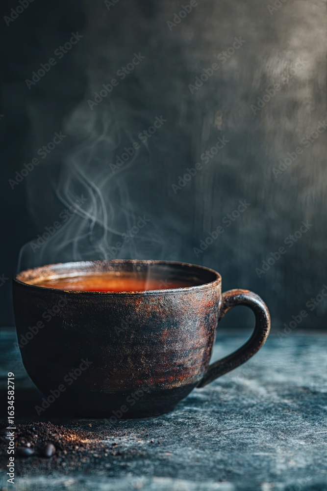 Fototapeta premium Steaming cup of dark-hued hot beverage