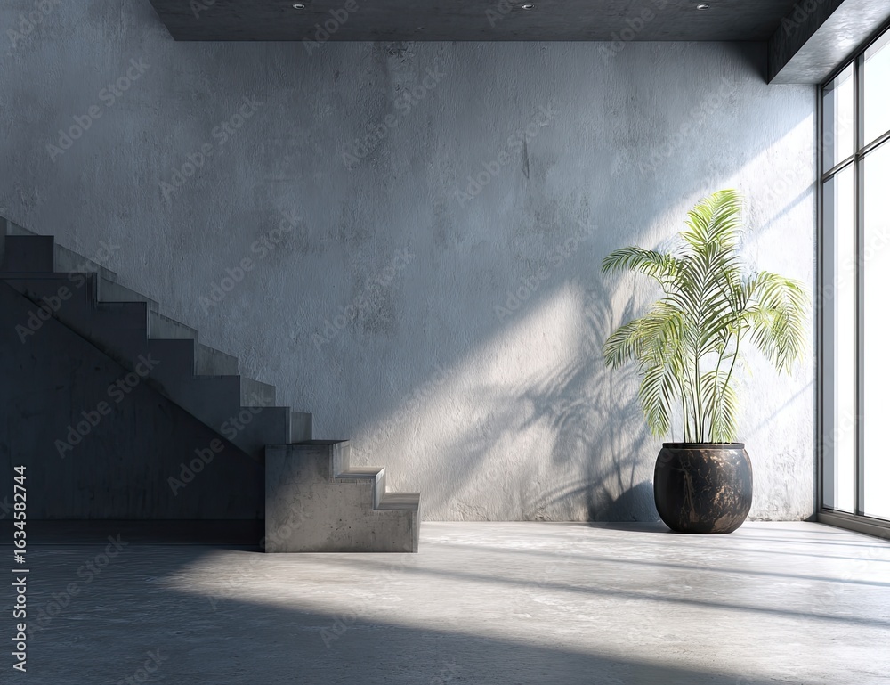 Modern, minimalist interior with concrete walls and stairs. Sunlight streams through a large window, casting shadows on the floor and wall. A potted palm plant sits in the center
