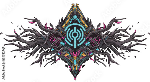Futuristic Abstract Vector Illustration with Symmetrical Alien Insect Design in Neon Colors