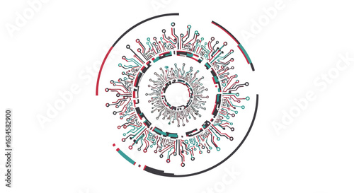 Vector Tech Circuit Spiral Pattern in Modern Abstract Style with Red Black and Cyan Colors
