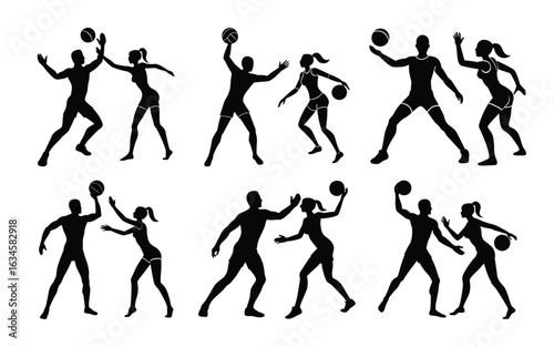 Silhouette of people playing volleyball isolated on white background
