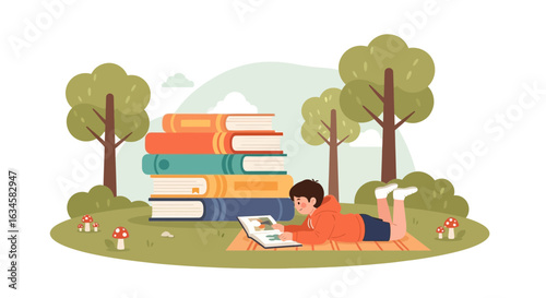 A Boy Reading Outdoors with Books Illustration Depicting Educational Pursuit and Recreational
