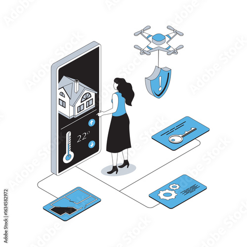 Smart home 3d isometric concept with isometry people design for web. Woman using automation sensor system of house monitoring, wireless remote connection from mobile phone app. Vector illustration